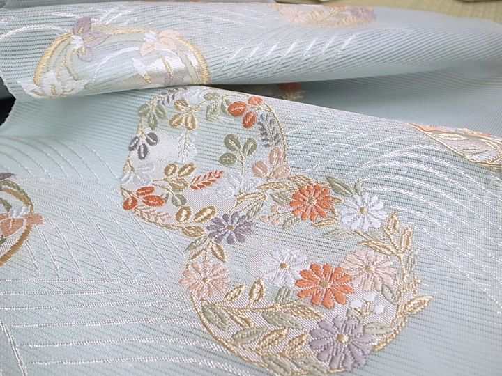 夏 名古屋帯 名門ふくい謹製 西陣織 絽 唐織 波 花の丸 正絹 未仕立て