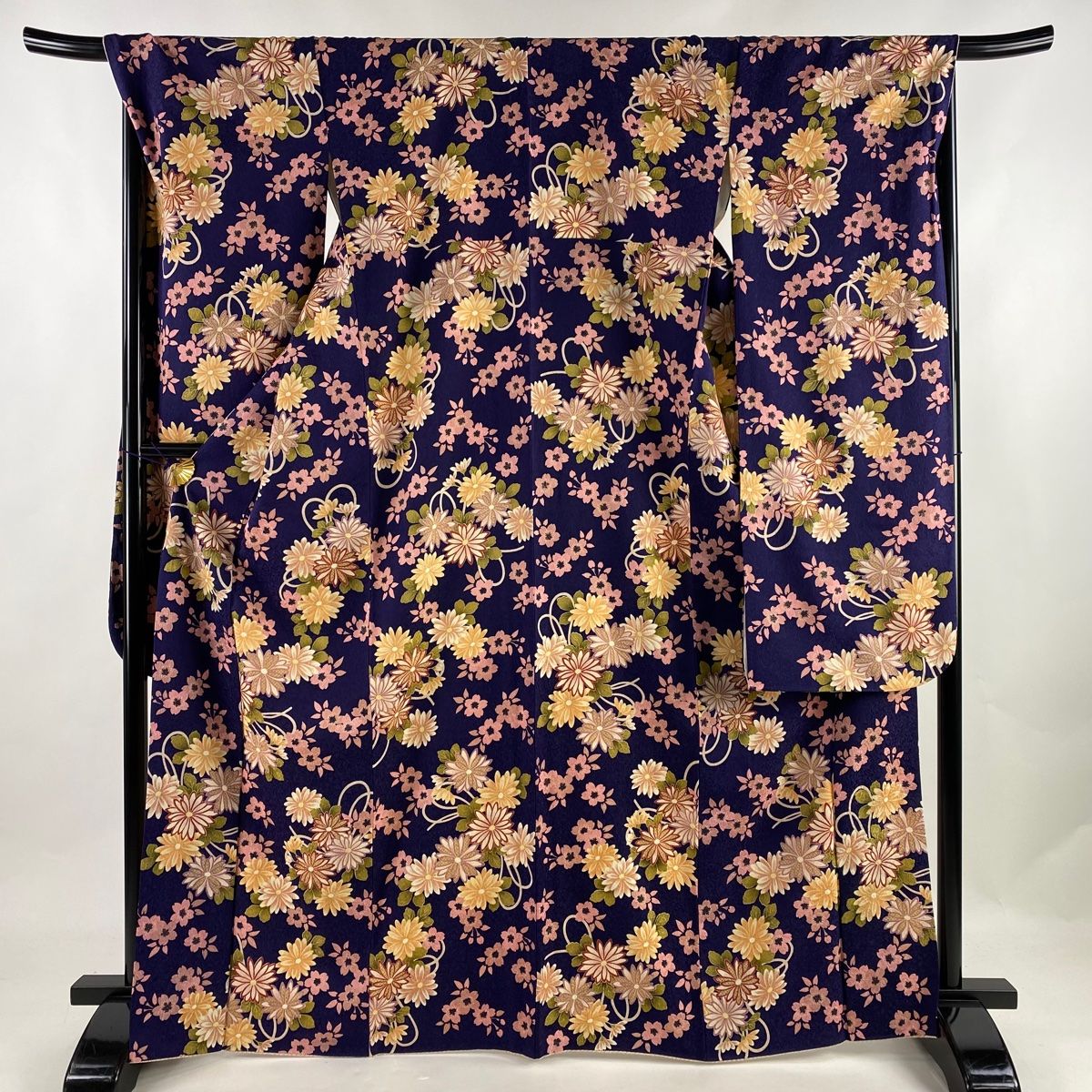 振袖 身丈168cm 裄丈68.5cm L 袷 菊 桜 金彩 濃紫 正絹 美品 名品-