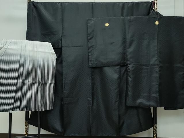 平和屋着物 上 男性 色無地 紋付き羽織 行灯袴セット キングサイズ 黒地 花菱地紋 舞台衣装 洗える着物 CZAA3660s5