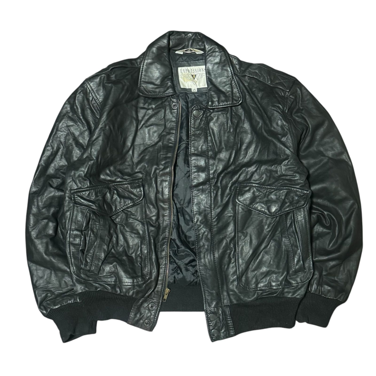 《牛革》90s 短丈 ミリタリー レザージャケット 牛革 レザージャケット 古着 vintage （大きめMサイズ）