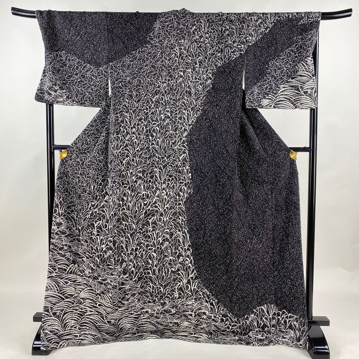 訪問着 身丈171cm 裄丈71.5cm L 袷 草花 黒 正絹 名品