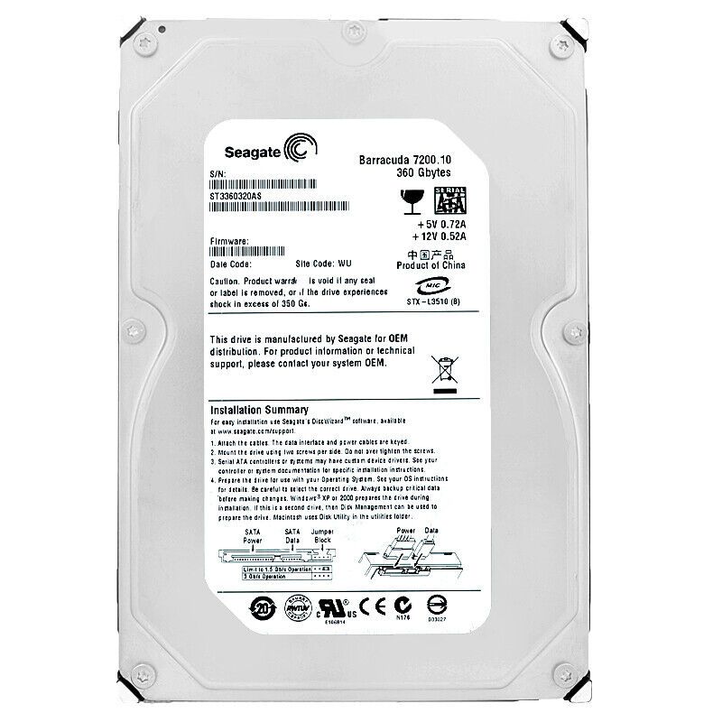 Hard Drive Seagate 360Gb ST3360320AS 8Mb Cache 7200Rpm SATA II 3.5 Inch