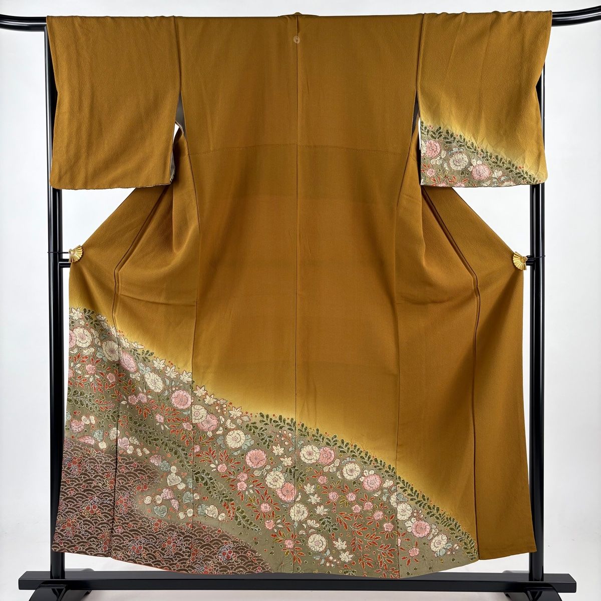 付下げ 身丈155cm 裄丈68.5cm L 袷 辻ヶ花 青海波 染め分け ぼかし 山吹茶色 正絹 名品 一つ紋