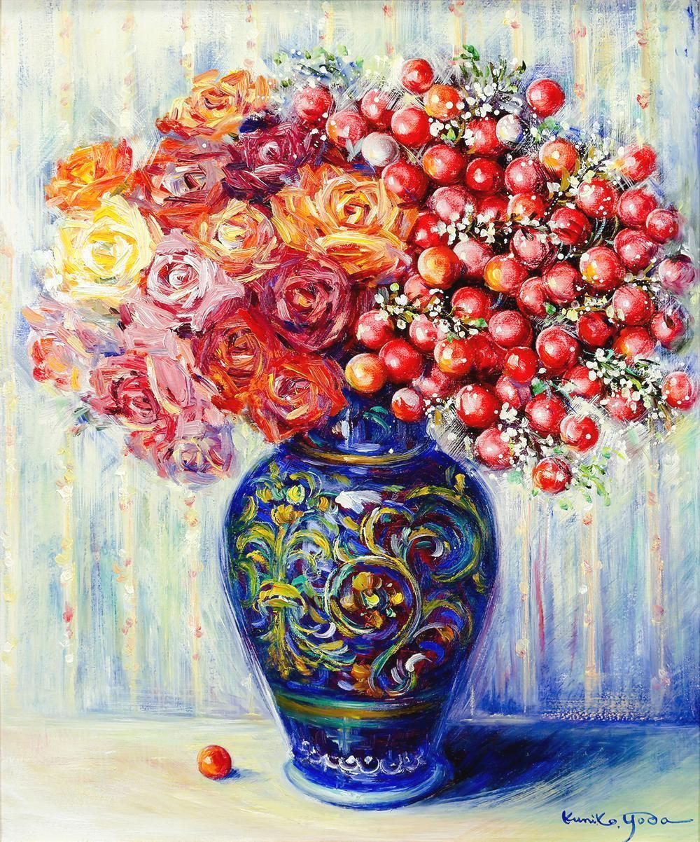 油彩画 花瓶に入った花 青い花瓶に入った花束の油絵、色とりどりの花、手作りアート