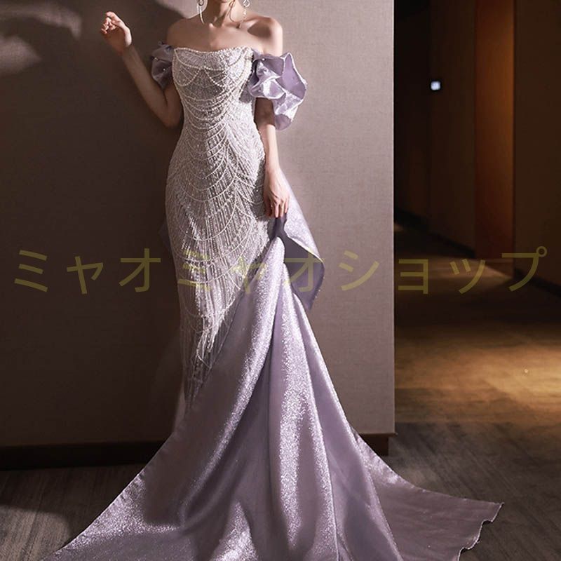 カラードレス カクテルドレス ロングドレス ホワイト パーティードレス 結婚式 二次会 ステージドレス コンクール イブニングドレス 大人 フォマール タイト 半袖 パフスリーブ ティアードドレス 1279