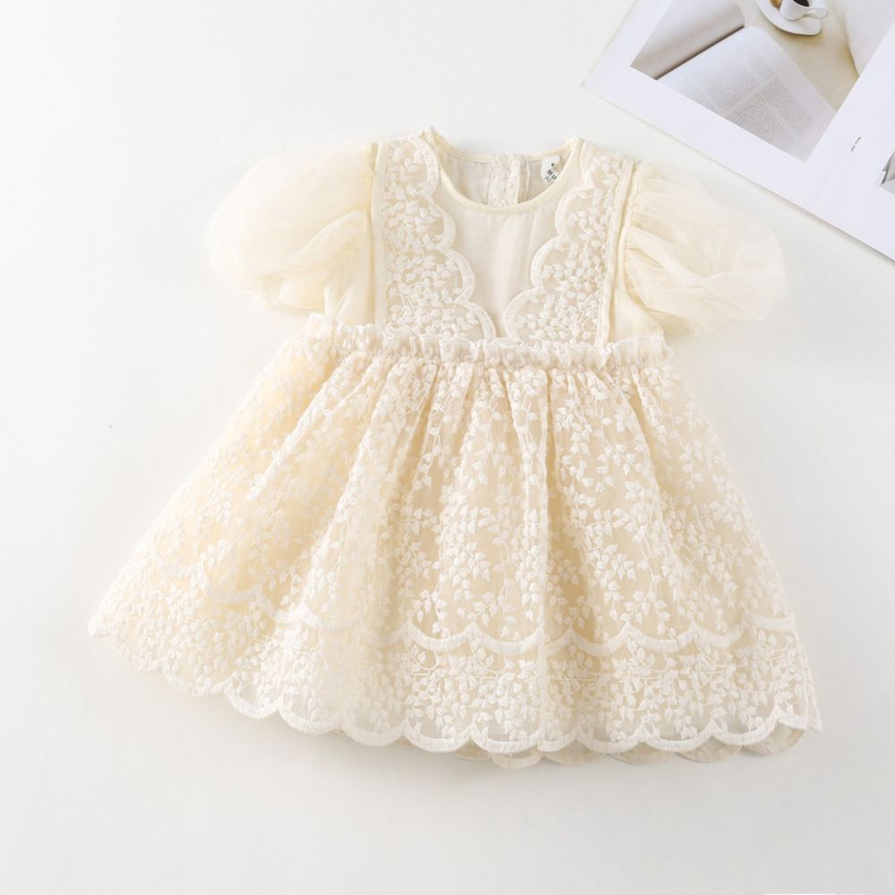 ベージュ  110cm  ワンピース yk23qz1399 子供服 ワンピース 半袖 ベビー ドレス ベビー服 女の子 サマードレス ベビードレス 春 夏 春夏 レース 刺繍 パフスリーブ セレモニードレス キッズ 子供 