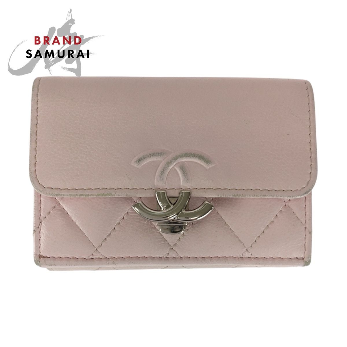 CHANEL シャネル マトラッセ ココマーク ピンク シルバー金具 レザー 折財布 コンパクトウォレット レディース 505459