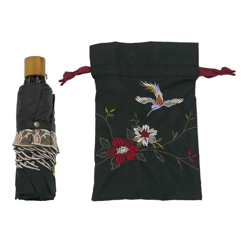 シノワズリーモダン 日傘 花紀行 折りたたみ １級遮光 遮熱 逃熱 UVカット 3段折りたたみ日傘 晴雨兼用傘 軽量 花鳥 刺繍 ブラック NEXPOTALLINN_EU