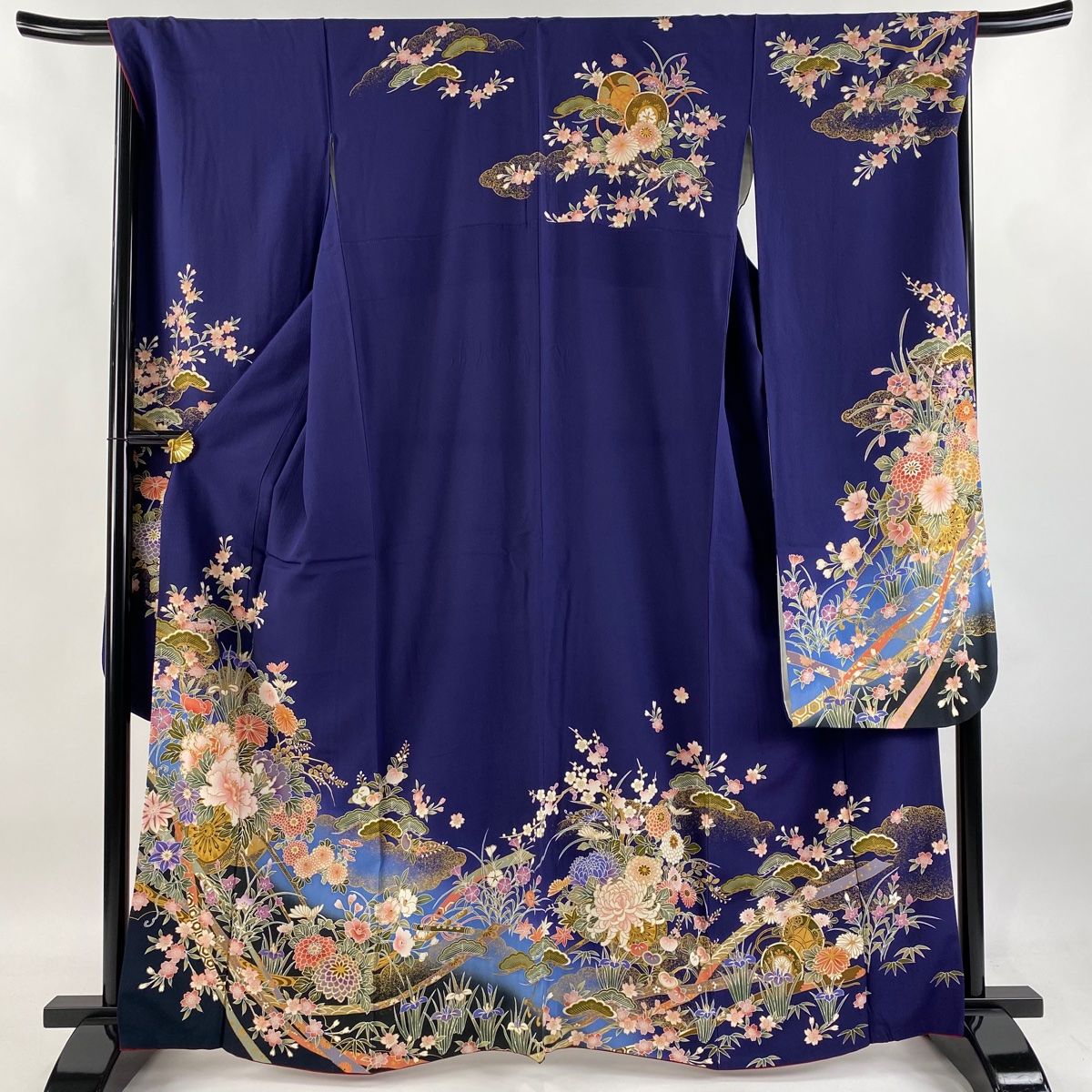 振袖 身丈164cm 裄丈68.5cm L 袷 花車 熨斗 金糸 金彩 青紫 正絹 秀品