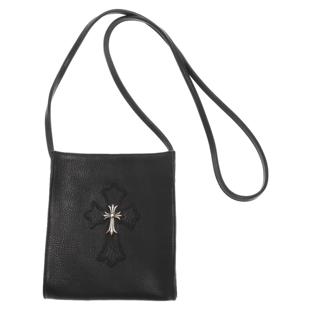 CHROME HEARTS (クロムハーツ) SQ PKT CH CROSS スクエアポケットCHクロス レザーパッチショルダーバッグ ブラック16センチショルダーベルト最長