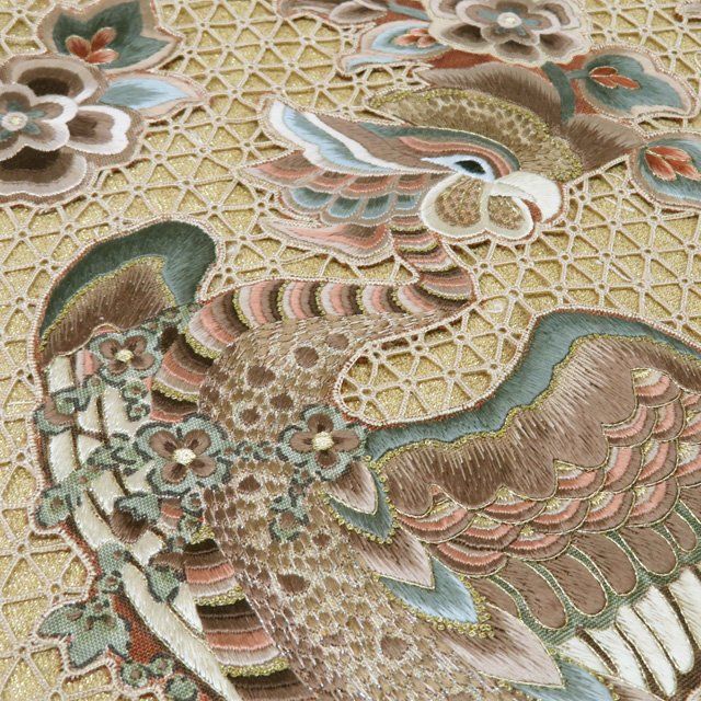 特選 袋帯 中古 全通 牛首紬 蘇州刺繍 汕頭刺繍 鳳凰 金糸 A1235