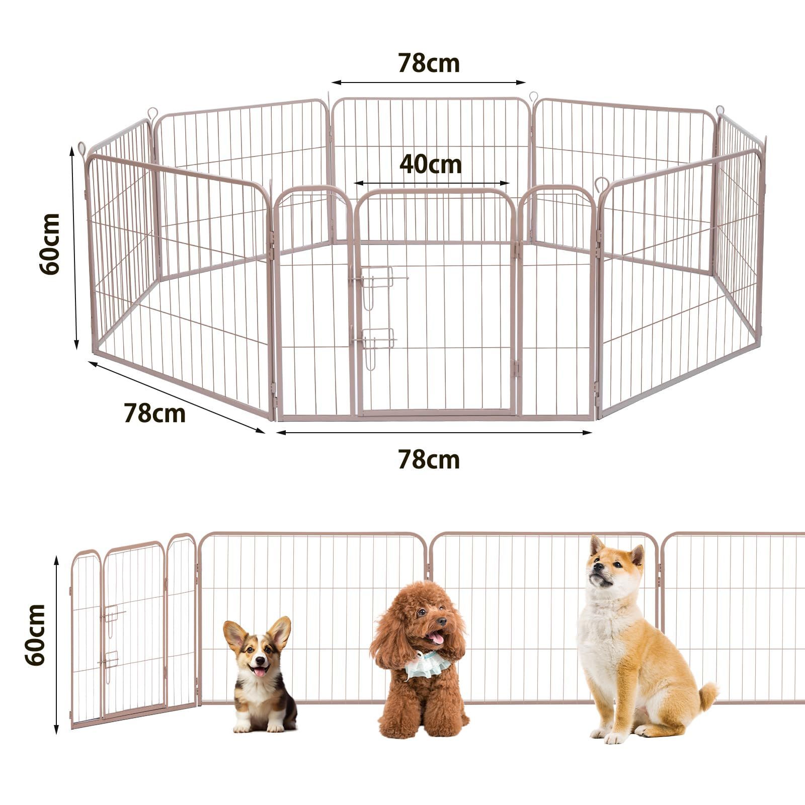  YumeTail ペットサークル 犬 ペットフェンス サークルケージ ドア付き ダブルロック 小型犬用 中型犬用 折りたたみ式 簡単組み立て 工具不要 室内外兼用 高さ 60 cm グレージュ ケージ 犬用品