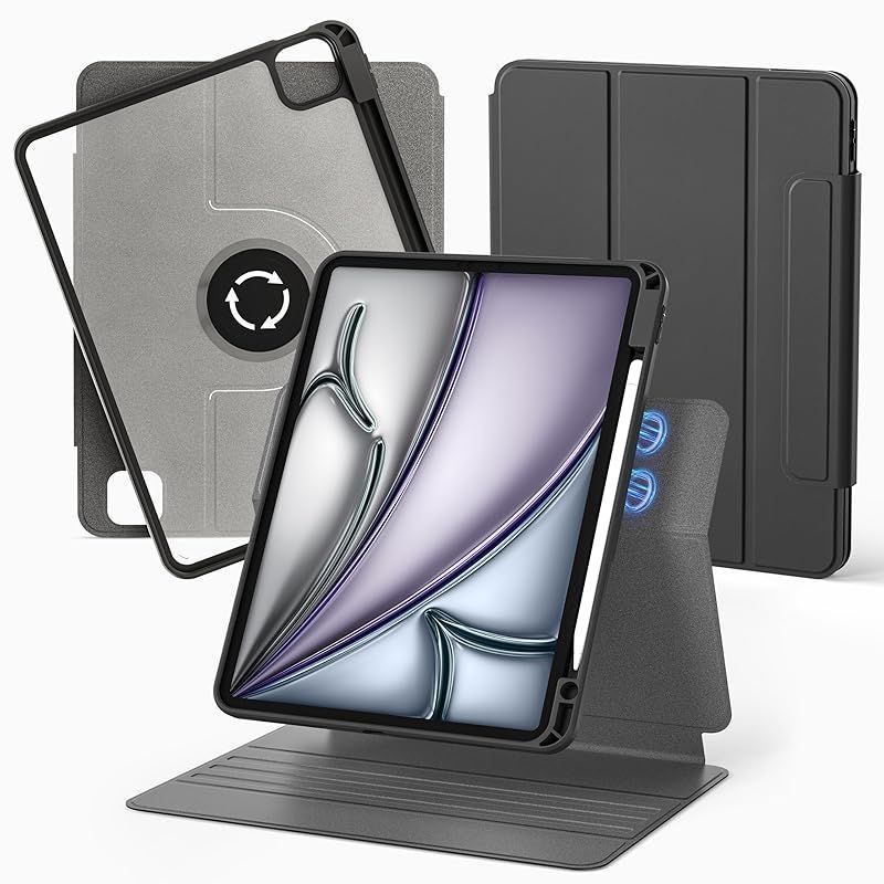 nimin iPad Air 13インチ ケース 2024 (M2)，iPad Pro 12.9 ケース (2022-第6世代/2021-第5世代/2020-第4世代)360度回転 マグネットス吸着式 折りたたみ 角度調整可能 Pencil 対応 衝撃保護 1
