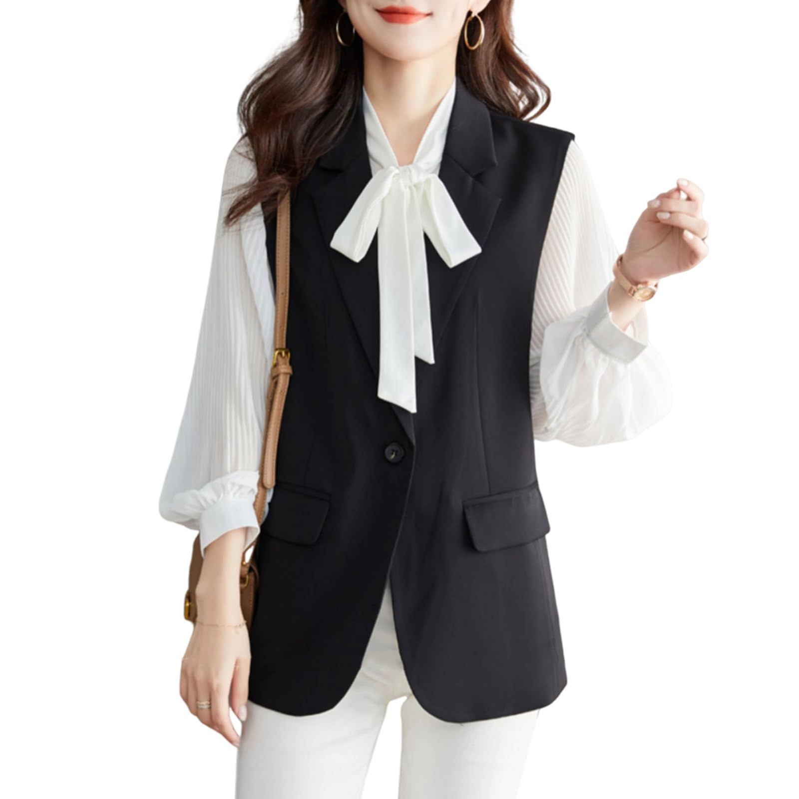 Color ブラック_Size L Leadamon-oee ベスト レディース ジレ 袖なし アウター トップス ノースリーブ ジャケット Vネック ポケット付き シャレ おしゃれ 前開き 無地 お洒落 裏地あり ゆったり 体型カバー レイヤード用 オフ
