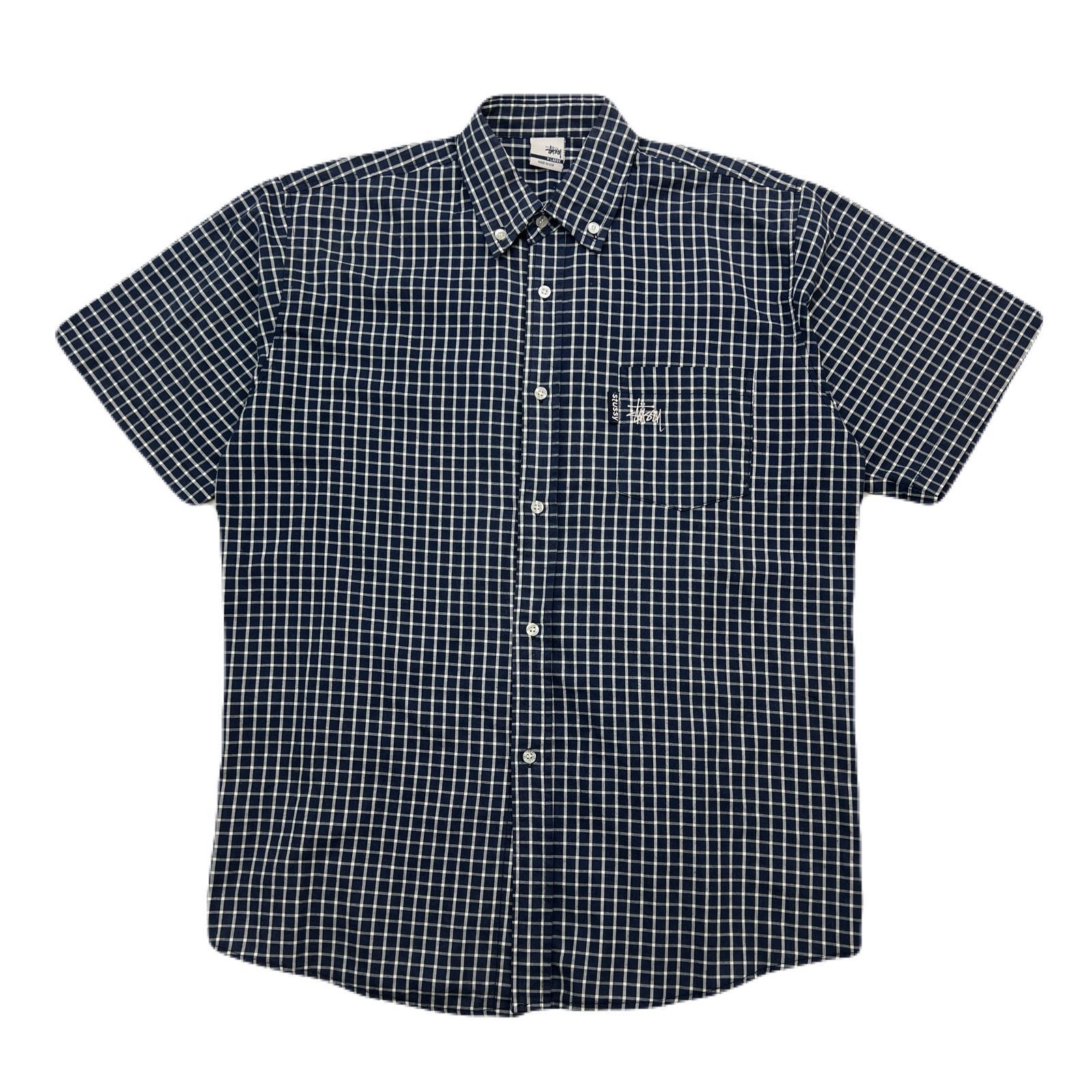 STUSSY 半袖シャツ メンズ XL ギンガムチェック ネイビー × ホワイト ビッグシルエット アメリカ製 00s 銀タグ ボタンダウン ステューシー BC344