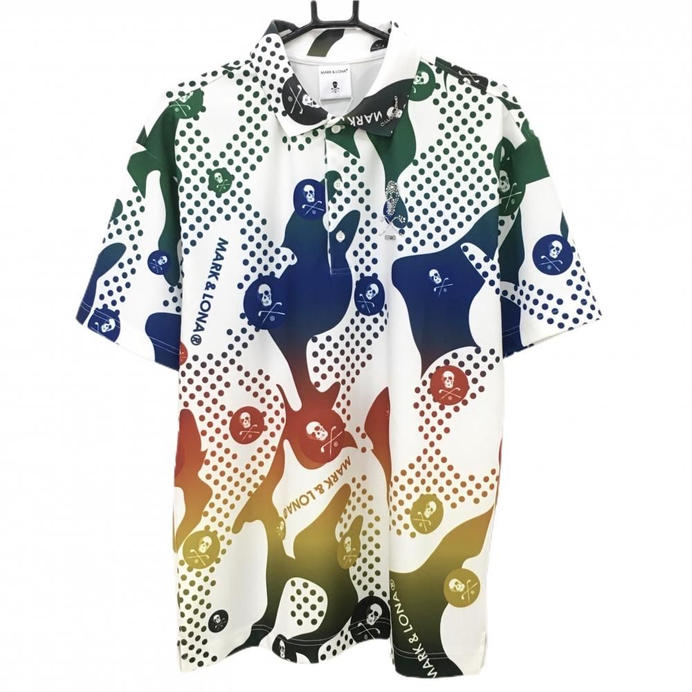 新品タグ付♬マークアンドロナ 半袖ポロシャツ ホワイト スカル カモフラ XL 新品】マークアンドロナ 半袖ポロシャツ 白×マルチ ドット スカル