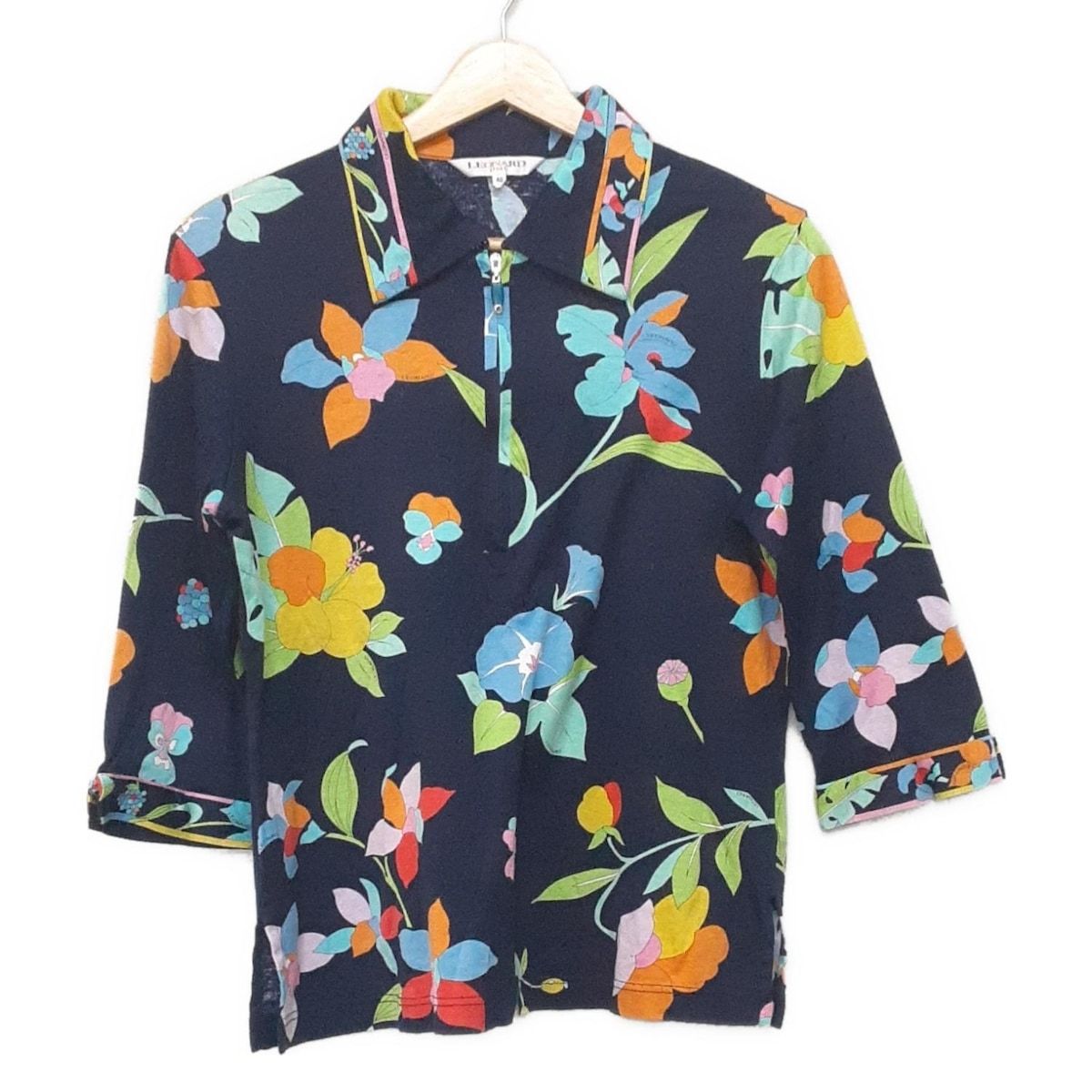 LEONARD SPORT レオナールスポーツ 七分袖ポロシャツ サイズ40 M レディース - ネイビー×ライトブルー×マルチ 花柄