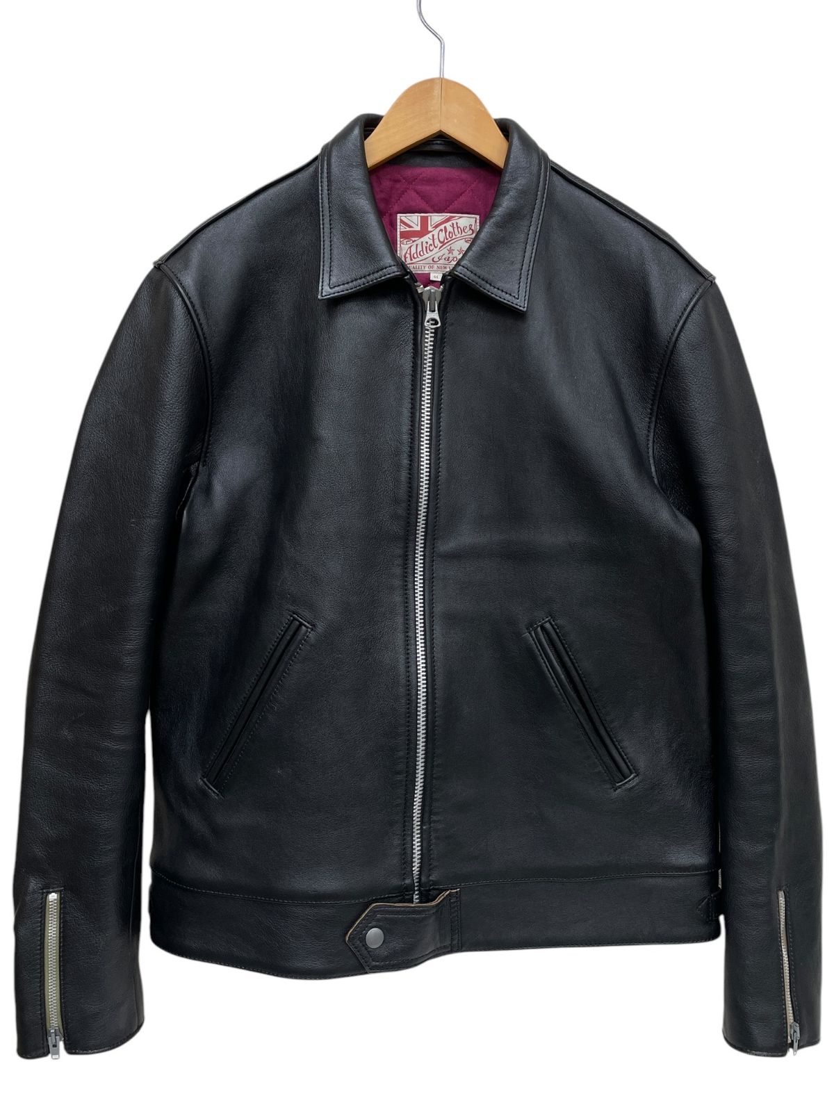 ADDICT CLOTHES アディクトクローズ シングルライダースジャケット 襟付き 羊革 ラムレザー 44 ブラック メンズ|045