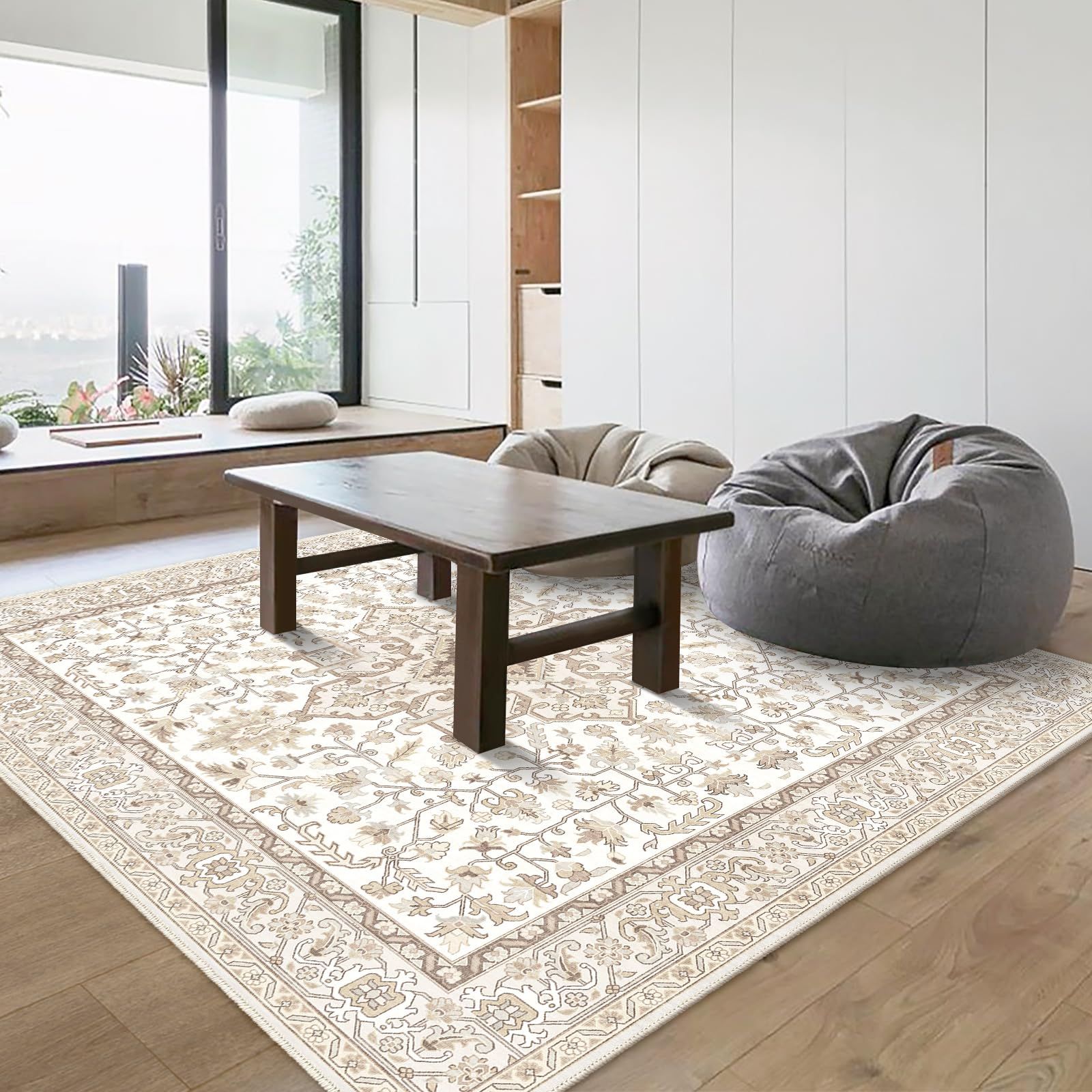 FORTSEA 洗えるラグマット 2畳 190×190cm 正方形 洗える ペルシャ風 メダリオン柄 滑り止め付き ウォッシャブルラグ 軽量 ベージュ インテリアラグ ダイニング用 ベッドサイド用