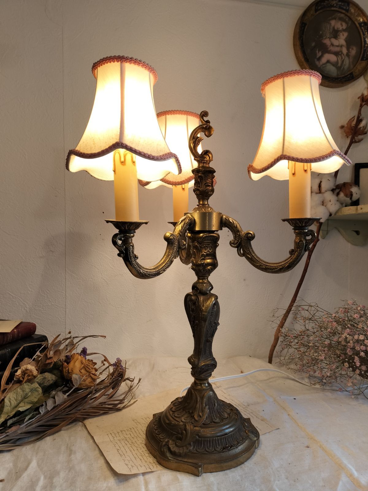 フランス アンティーク 素敵な 青銅 布シェード 卓上ランプ 照明