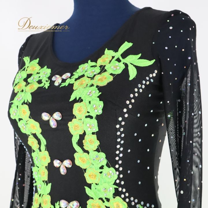 【美品 日本製社交ダンス衣装】ワンピース ドレス UNA 緑 青 黒 ブラック 美品 日本製社交ダンス衣装】ワンピース ドレス UNA 緑 青 黒
