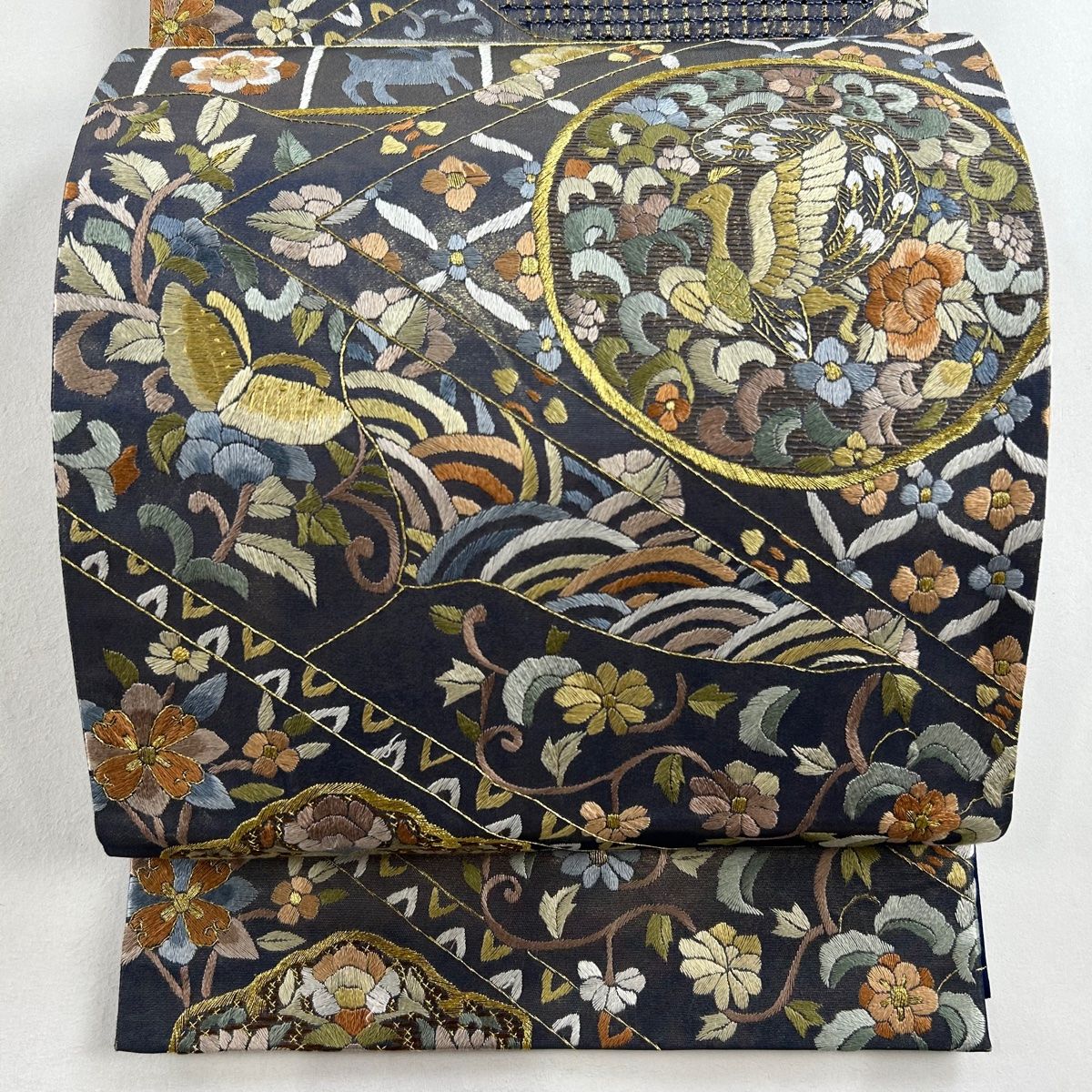 袋帯 ますいわ屋 華文 花鳥 金糸 刺繍 金色 六通 正絹
