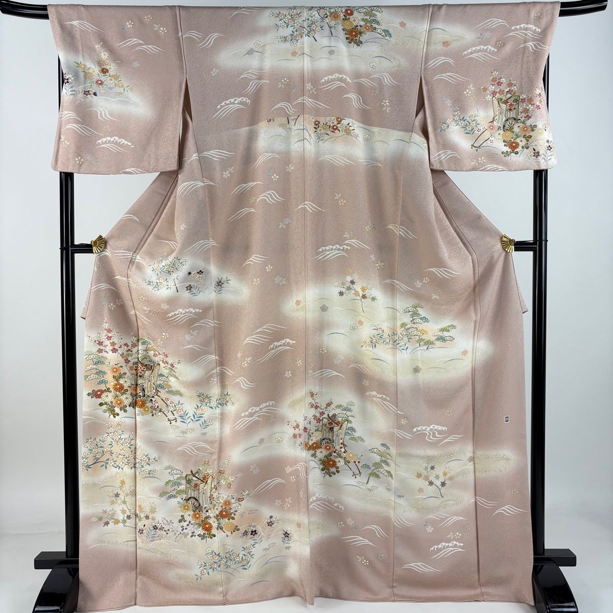 訪問着 身丈170cm 裄丈70cm L 袷 落款 御所車 松竹梅 金糸 金彩 濃ピンク 正絹 名品