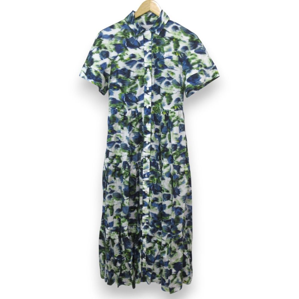 24AW ERDEM アーデム Lucia フラワープリント 半袖 ロングシャツドレス ワンピース I38 ホワイト×グリーン×ブルー レディース 古着