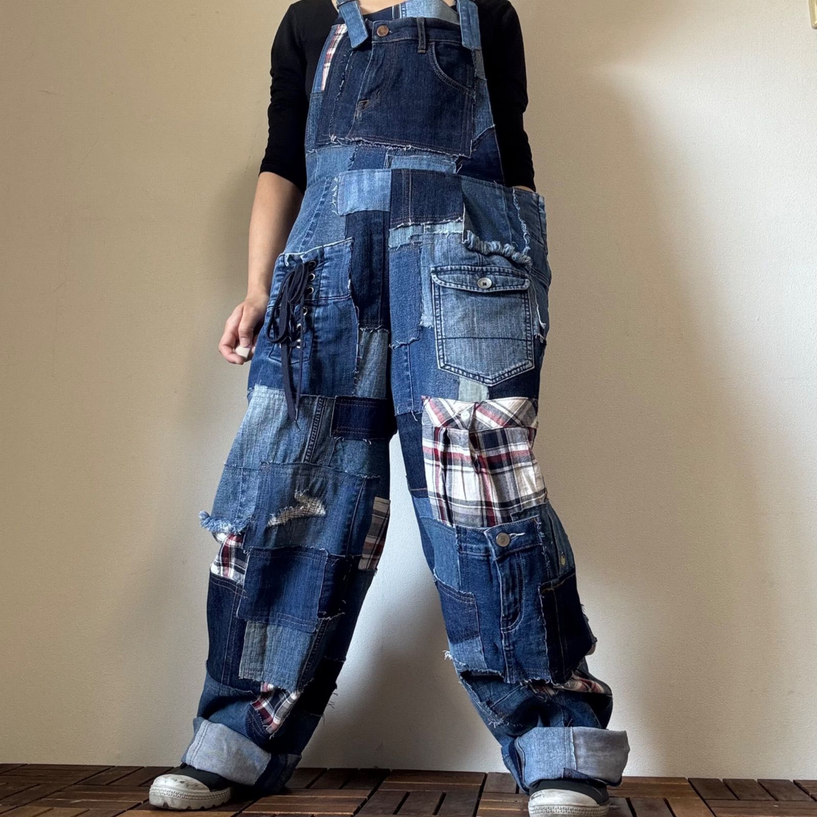 ミ楽ル古着‪︎✿さま専用　古着リメイクデニム　オーバーオールリメイク７段スカート 値下げ リメイク デニムロングスカート セットアップ 古着 ハイ
