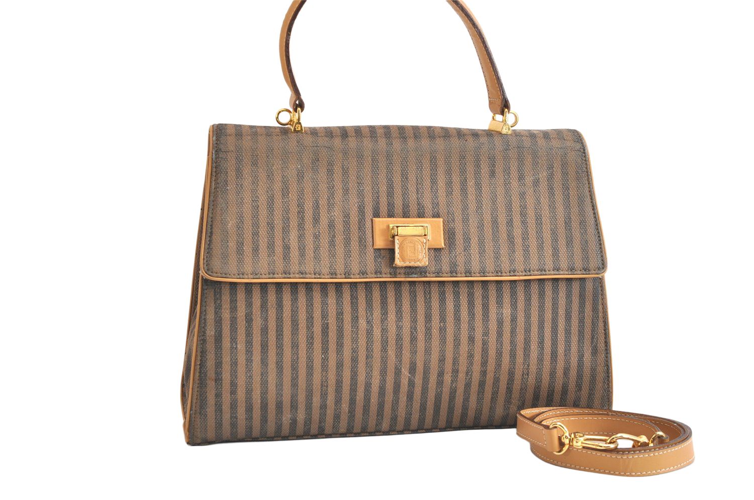 FENDI フェンディ ぺカン 2Way ショルダーハンドバッグ ピーブイシー レザー ブラウン ブラック ジャンク 2836N