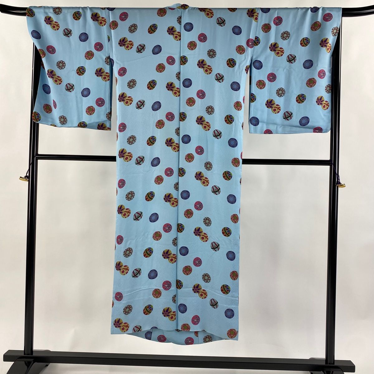 道行 身丈141.5cm 裄丈69cm L 和装コート 角衿 手鞠 地紋 水色 正絹 秀品