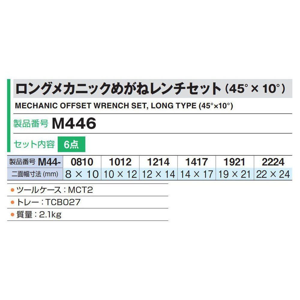 数量限定】ロングメカニックめがねレンチセット(45°×10°) M446 トネ