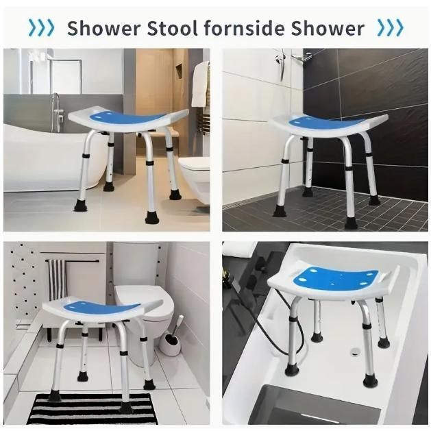 高齢者＆障害者 調節 シャワーチェア 滑り止めアルミ製バスシート パッド入り肘掛け な脚付き 頑丈な耐荷重158.76 KG 工具不要組立-青と白のデザイン
