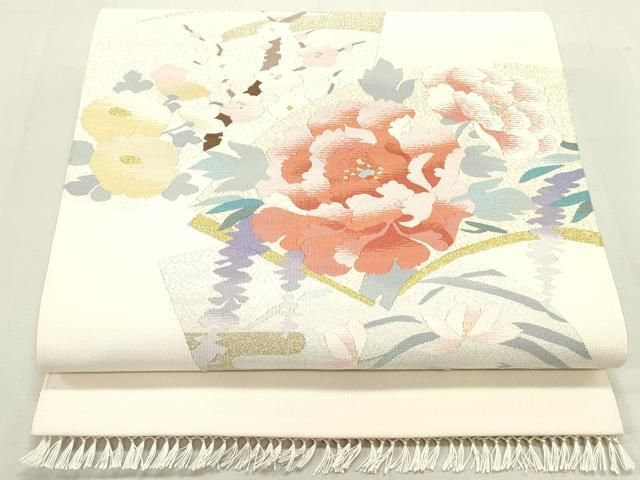 平和屋着物○九寸名古屋帯 更紗花文 七宝間道 銀糸 正絹