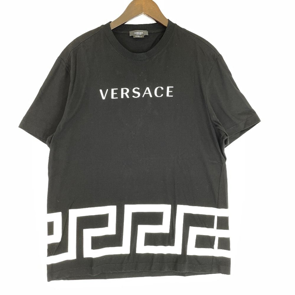 Versace ヴェルサーチ ﾌﾞﾗｯｸ A88560 ｸﾞﾚｶ ﾛｺﾞT ｸﾙｰﾈｯｸ 半袖 Tｼｬﾂ L