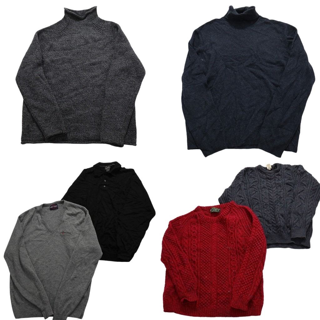古着卸 まとめ売り 100％ウール無地ニット  6枚セット (メンズ M /L /XL ) ケーブル編み ワンポイント ニットポロ タートルネック  MW9594