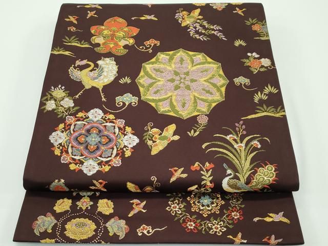 平和屋本店□極上 龍村晋謹製 全通柄袋帯 天平精華文錦 唐織 金銀糸 赤