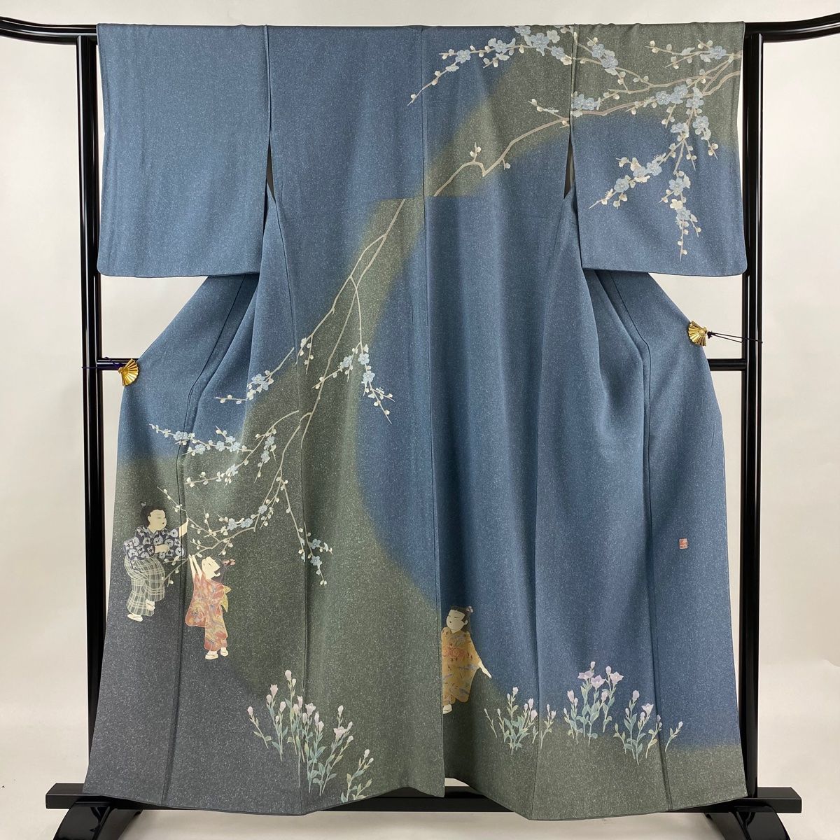 訪問着 身丈156.5cm 裄丈62.5cm S 袷 関口遼一 落款 童 枝梅 ぼかし 青灰色 正絹 名品