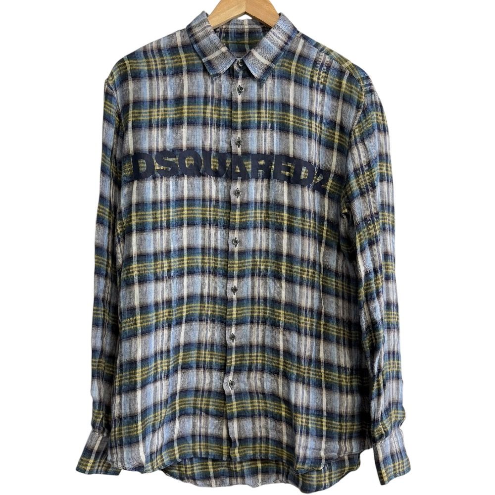 美品 23SS Dsquared2 ディースクエアード リネン100％ チェック柄 ロゴプリント 長袖 シャツ 46 ブルー系 メンズ 古着 中古 USED