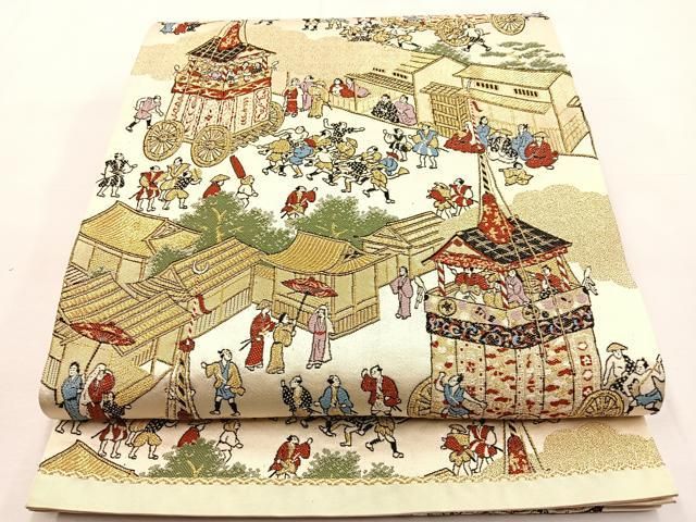 袋帯 正絹 平安画 祭り ゴールド地 六通T-2183