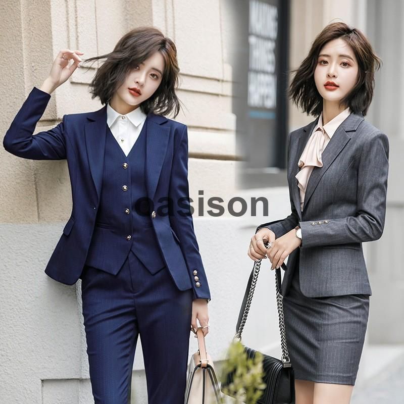 ストライプ ビジネススーツ 2点セット セットアップ レディース スカートスーツ パンツスーツ ママ 30代 フォーマルスーツ 通勤 就活 事務服 オフィス 卒業式 min