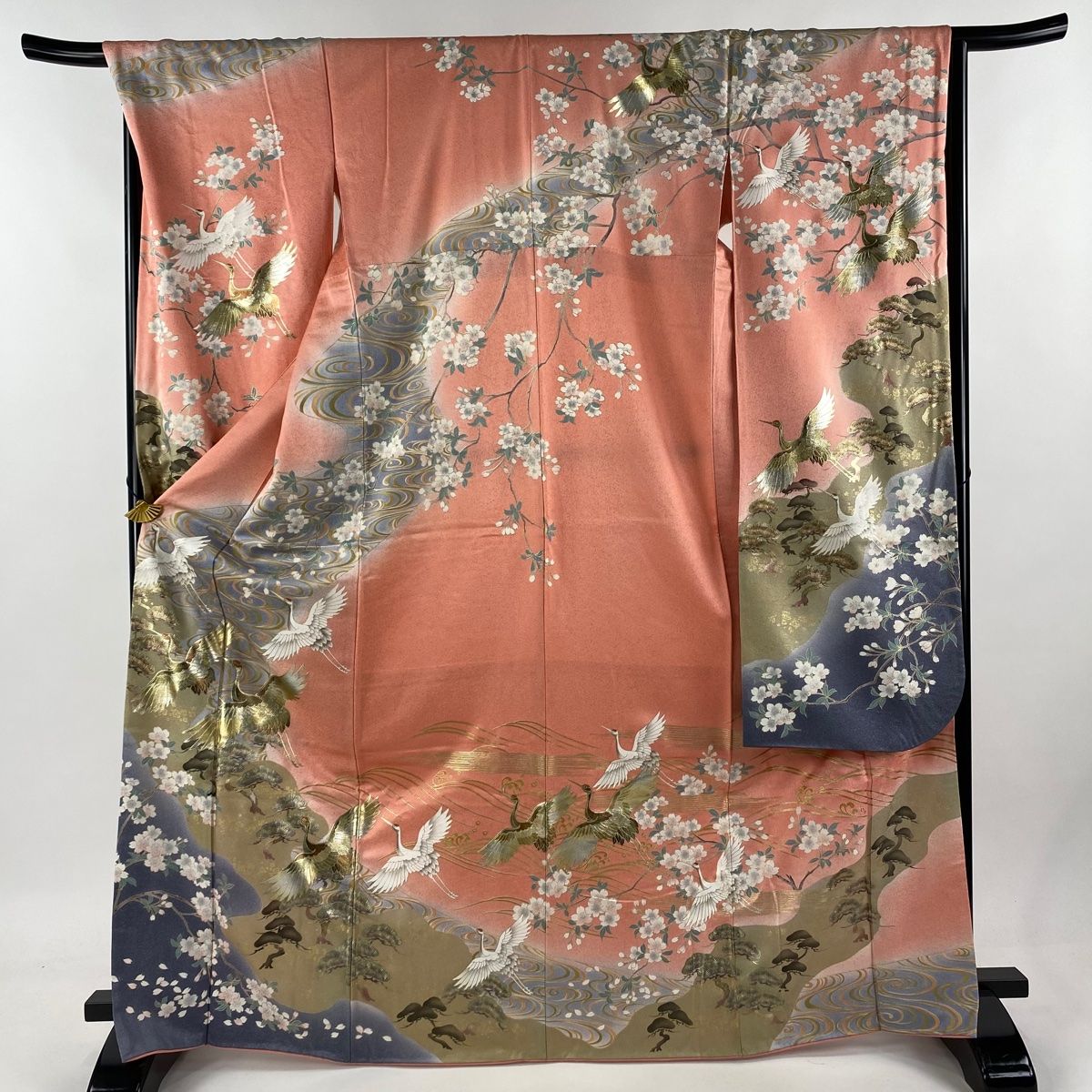 振袖 身丈168.5cm 裄丈68cm L 袷 鶴 桜 金銀彩 ピンク 正絹 秀品
