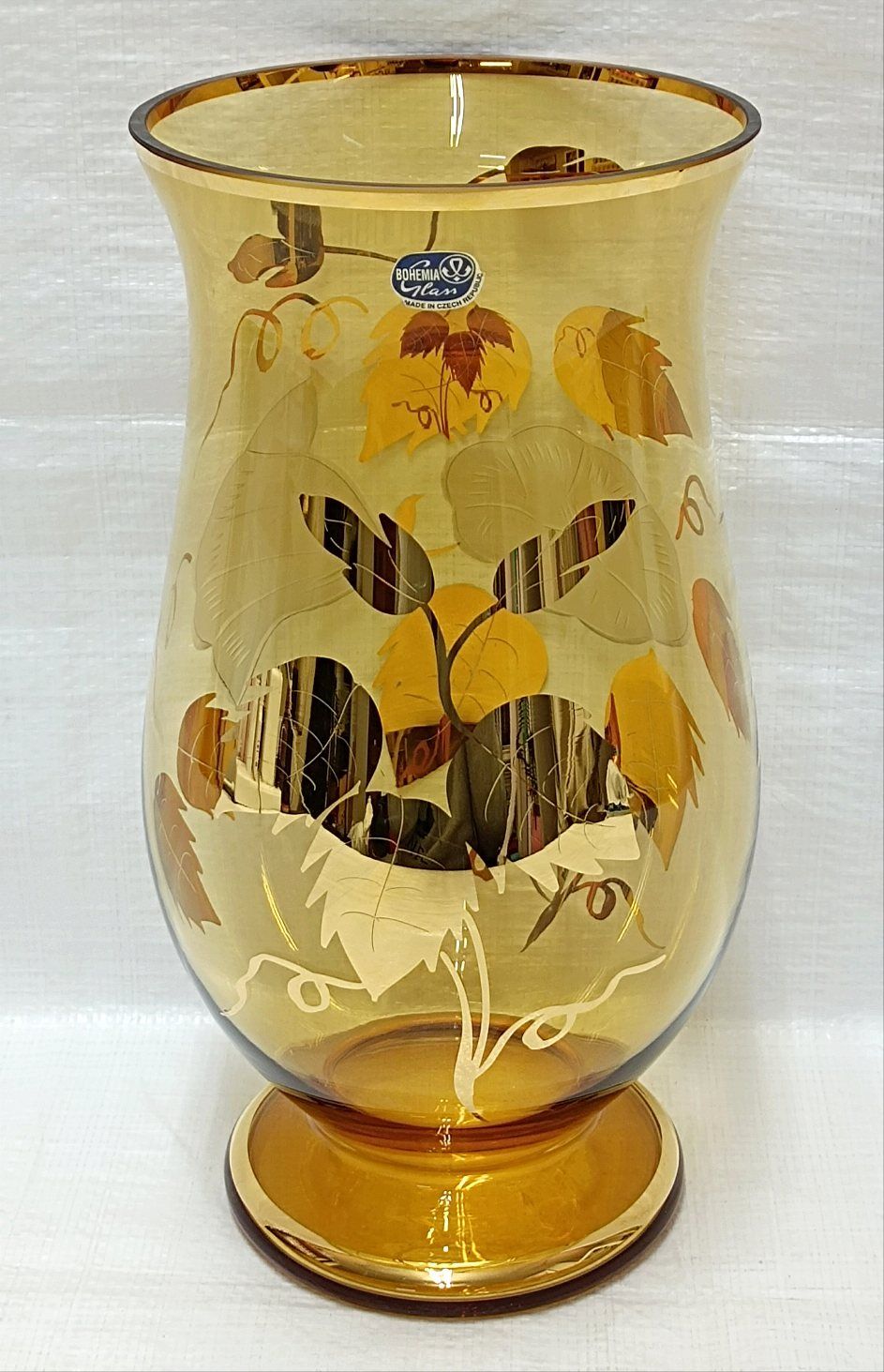 BOHEMIA ボヘミア ボヘミアグラス 金彩花紋 アンバー 花瓶 箱あり