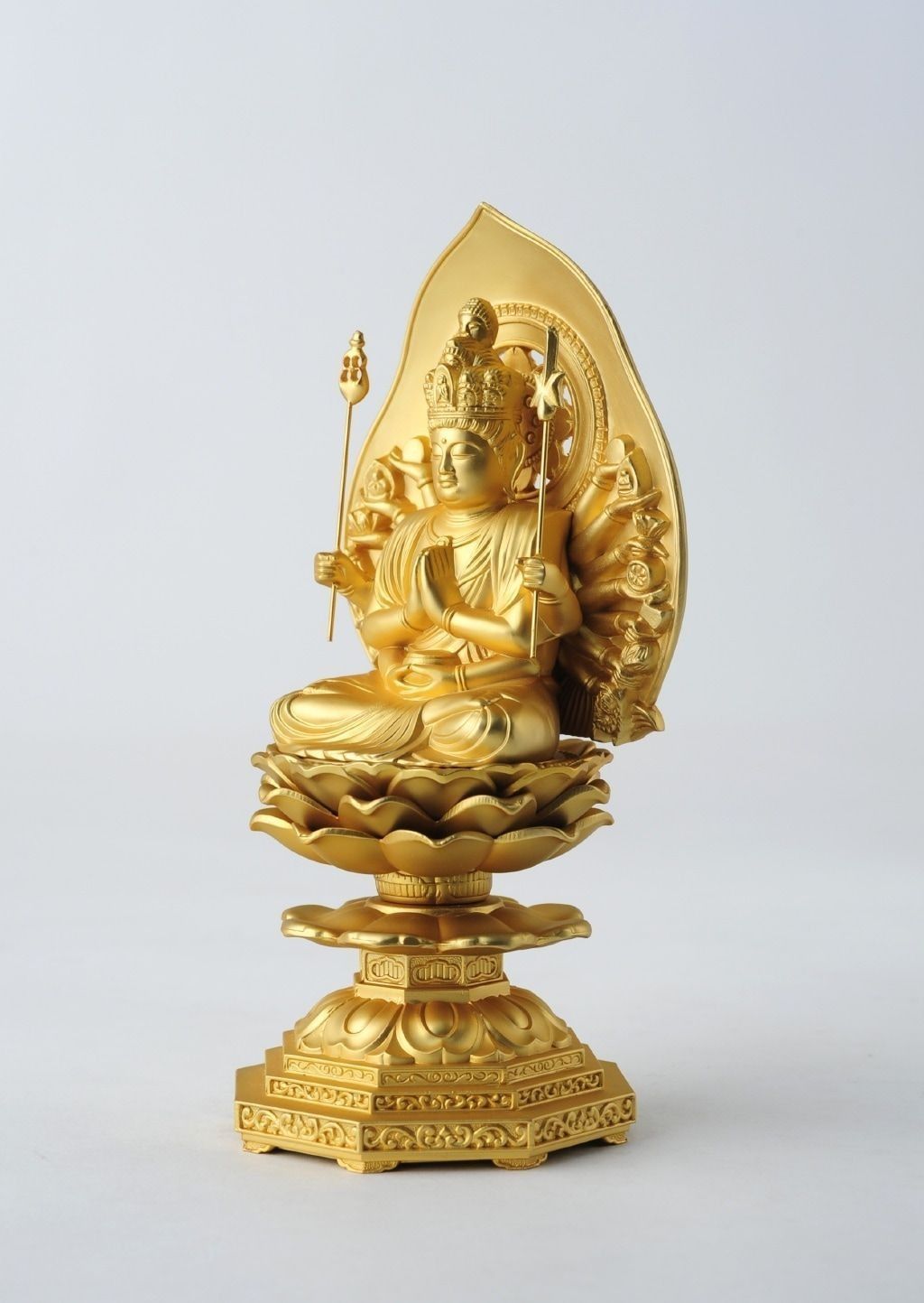 千手観音 - 合金製 純金メッキ仕上げ 総高15.5cm 高岡銅器 仏像