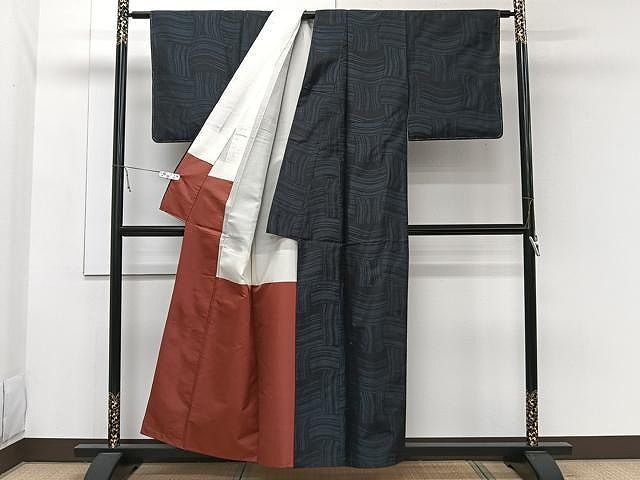 平和屋着物＃道中着 単衣 紬地 麻の葉文様 ロング丈 正絹 逸品 CAAV5807id