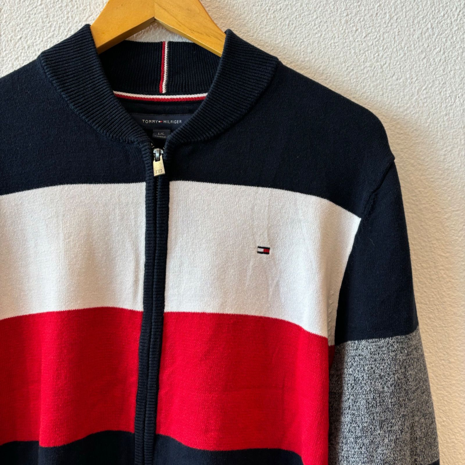古着 L フルジップニット TOMMY HILFIGER トミーヒルフィガー クルーネック