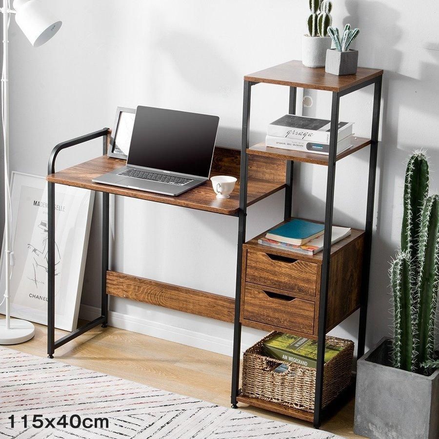 パソコンデスク引き出し付き3段シェルフ付木製 ミシン台書斎机学習机 パソコンデスク引き出し付き3段シェルフ付木製 ミシン台書斎机学習机