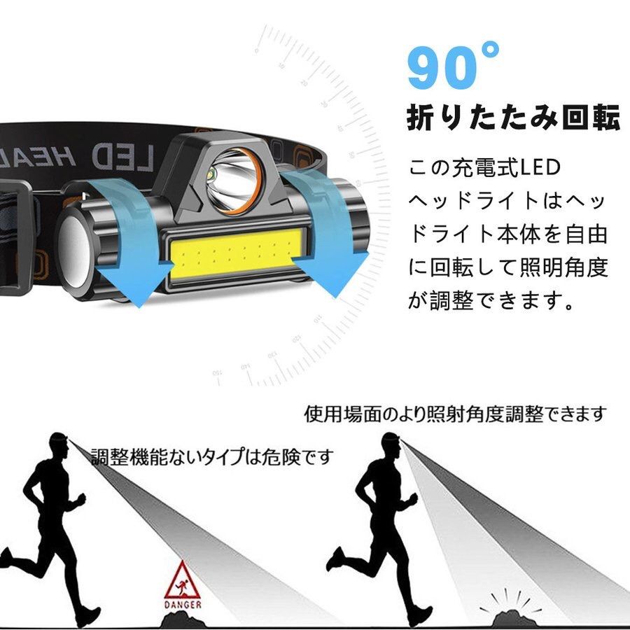 USB充電式・90°回転☆LEDヘッドライトランプ ジョギング、キャンプ