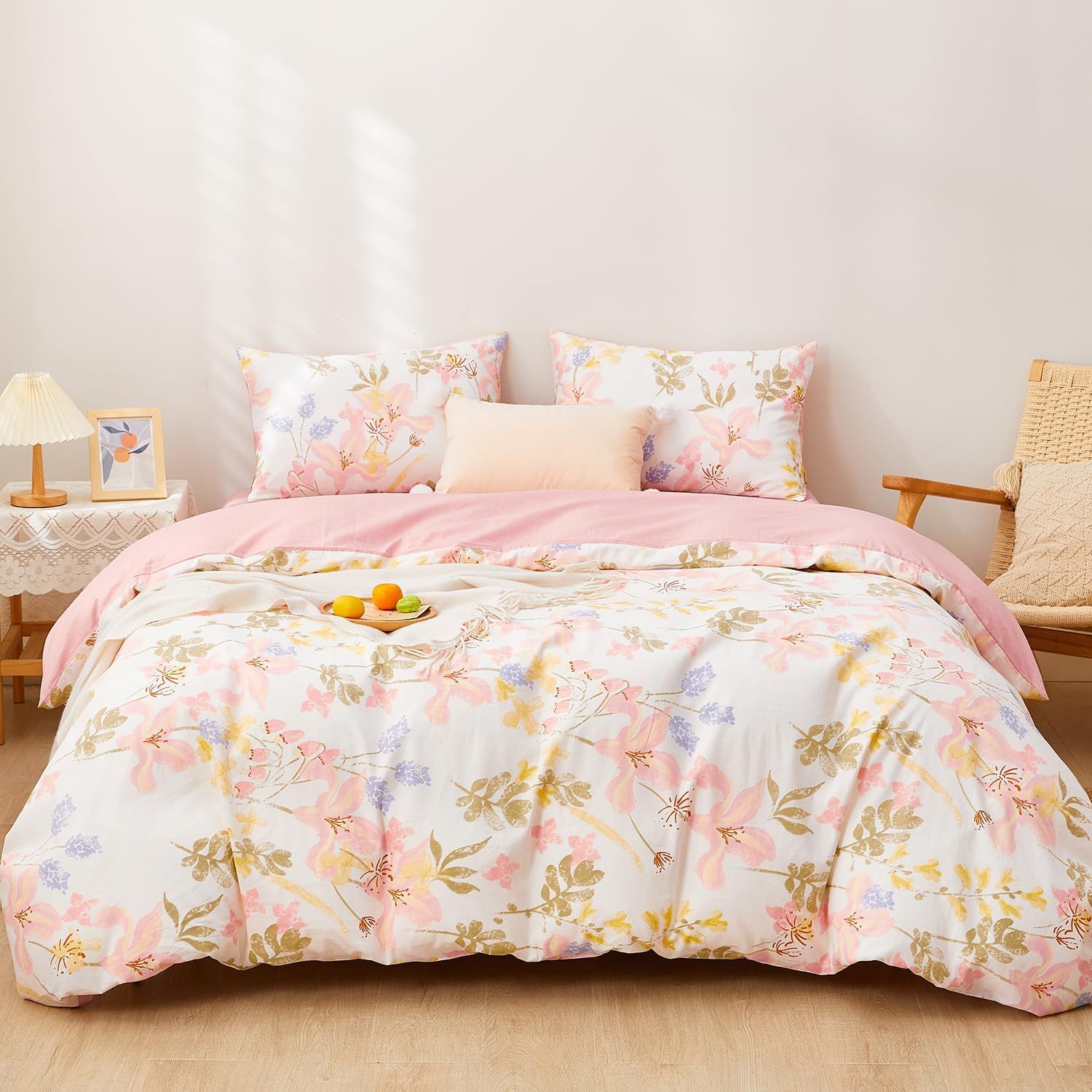 Size ダブル 4点セット_Color Auxo SAPHREAS 寝具カバーセット ダブル 4点セット綿 100% 花柄 おしゃれ ピンクコットン シングル 3点セット掛け布団カバー190x210cm 枕カバー2枚 洋式ベッド ボックスシーツ 柔