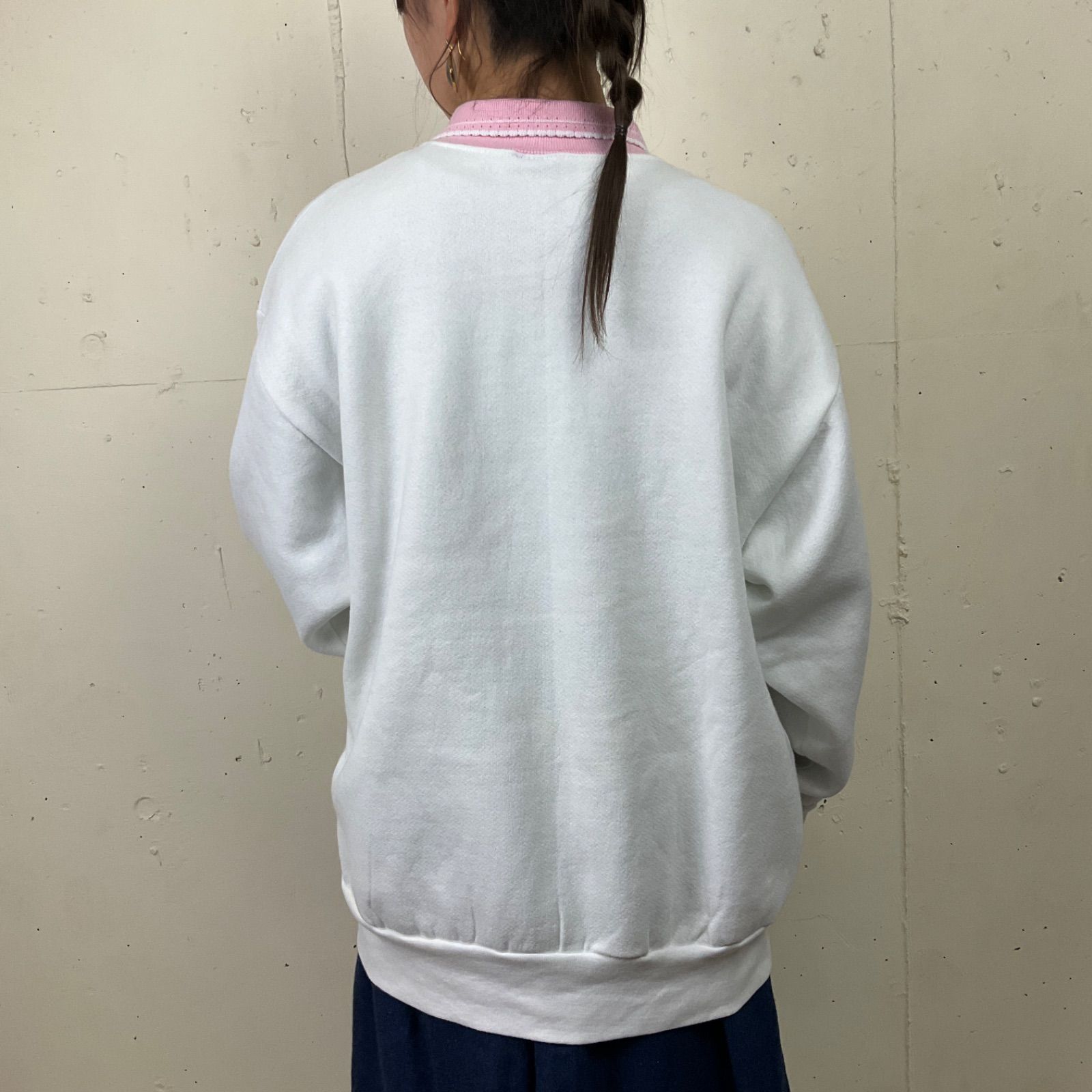 USA製 90s 90年代 花 鳥 刺繍 襟付き スウェット トレーナー 古着 